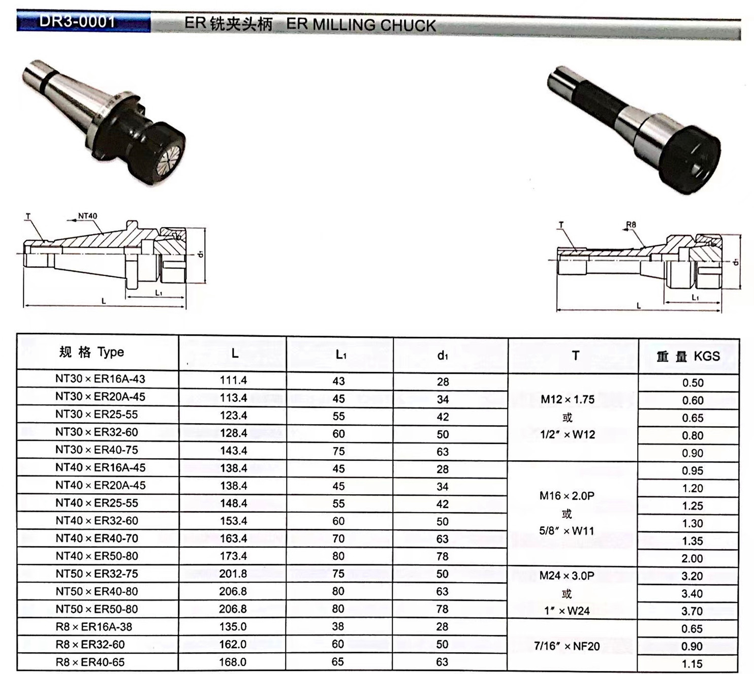 NT和R8-ER铣夹头柄